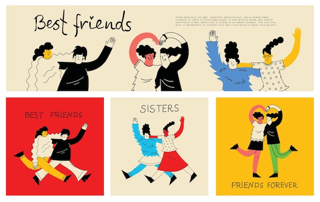 Women friends Girlfriends spend time together walking with friend Powerful women standing dancing and friendship hugging vector illustrations