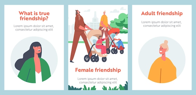 Women Friendship Cartoon Banners. Moms with Babies in Prams and Strollers. Characters Walk With Their Infant Children. Community of Young Mothers, Motherhood and Maternity. People Vector Posters Set