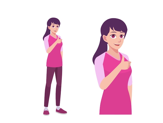 Women or Girl Like and Agree Thumbs Up Expression Pose Cartoon Illustration