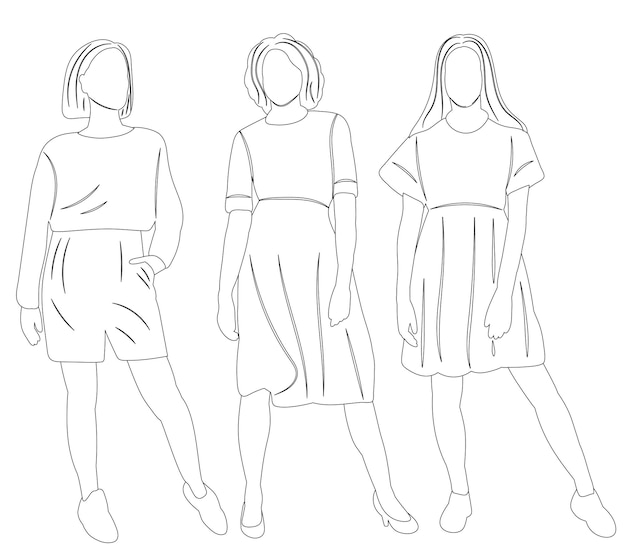 Women girls sketch outline isolated vector