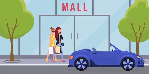 Women going to mall. Elegant girls, sisters enjoying shopping together cartoon characters.