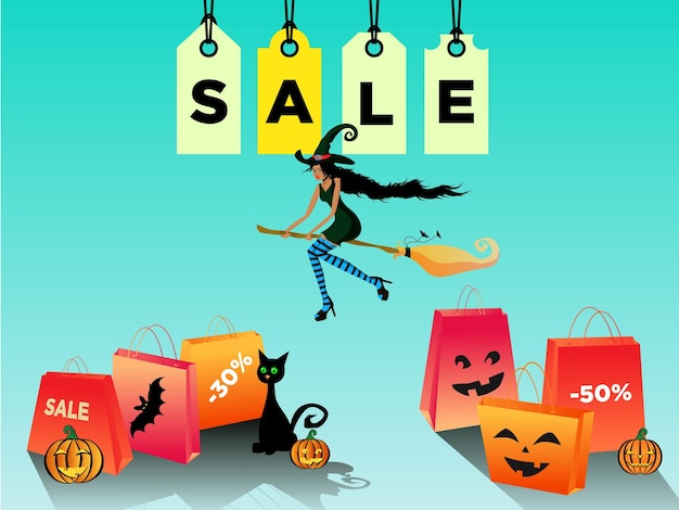 Women Halloween sale discount with a beautiful blackskin witch flying on a broomstick Funny pumpkins