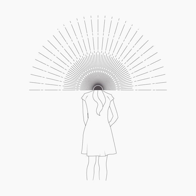 Women head with sunrise females power symbol linear art elegant line drawing