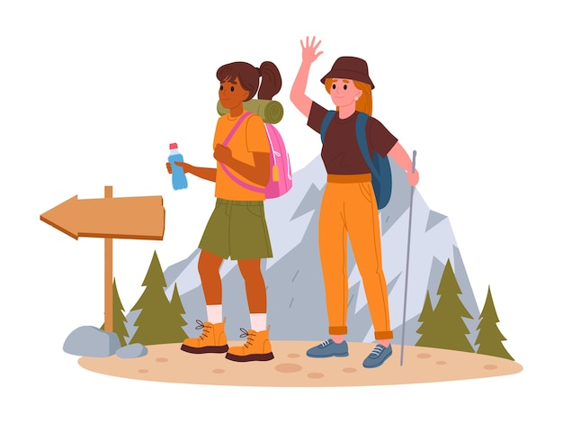 Women on hike Female characters outdoor adventure hiking active tourist girls trekking and backpacking flat vector illustration Ladies hiking on trail