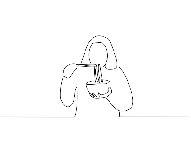 Women holding a bowl of noodles with chopsticks line art or continuous one line illustration