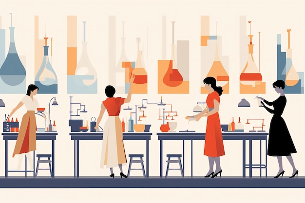 Women in Laboratory Cartoon Illustration