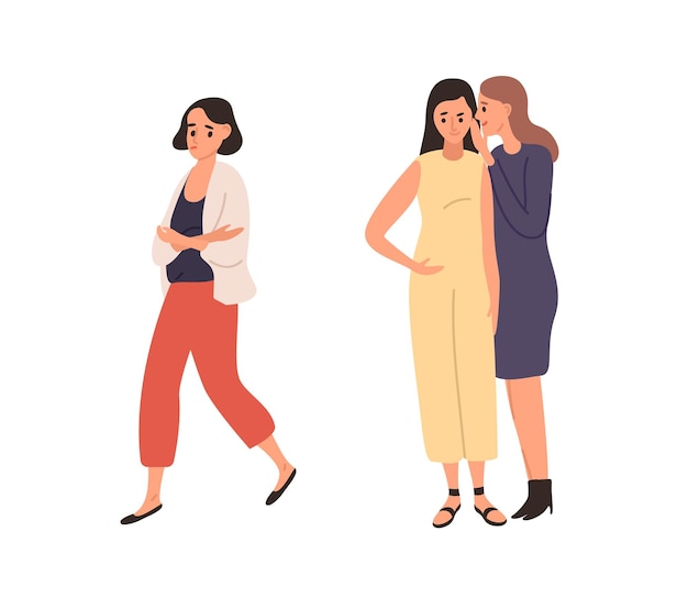 Women laughing and gossiping about female vector flat illustration. Smiling girl talking and whispering behind lonely friend isolated on white. Depressed person feeling bullying from two woman.