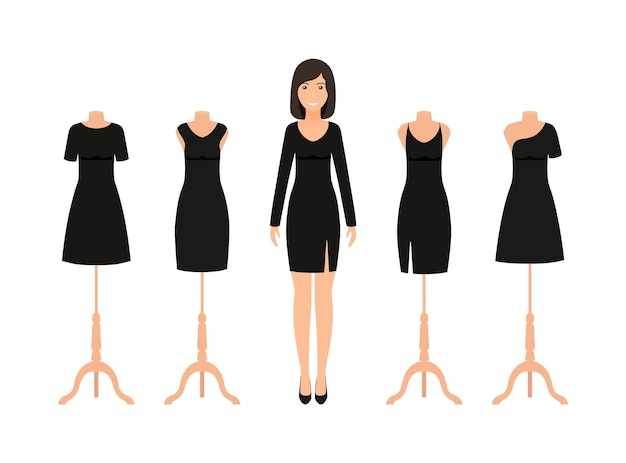 Women in little black dress and four dresses on mannequins Silhouette apparel Set elegant cocktail dresses