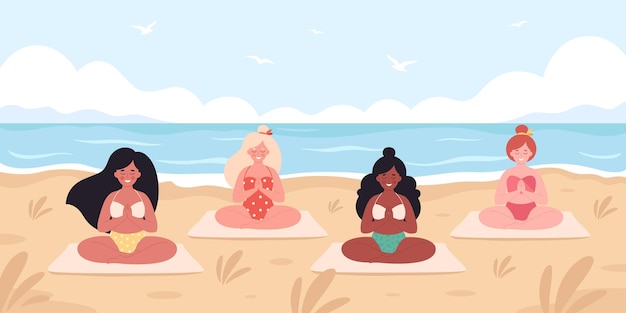 Women meditating on the beach. Hello summer, summer leisure, vacation. Healthy lifestyle