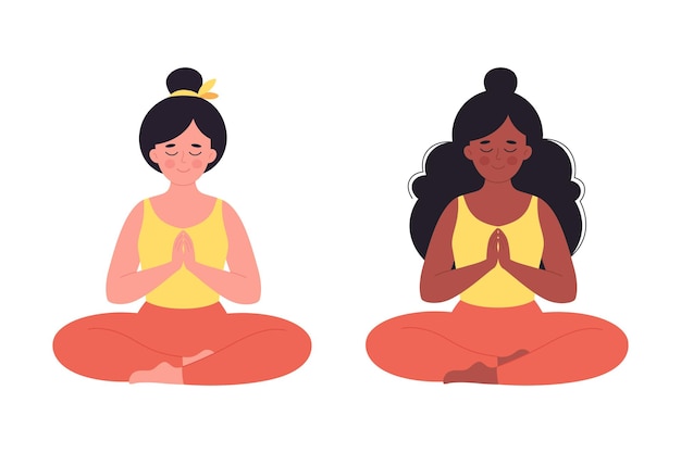 Women meditating in lotus pose. Healthy lifestyle, yoga, relax, breathing exercise. World yoga day