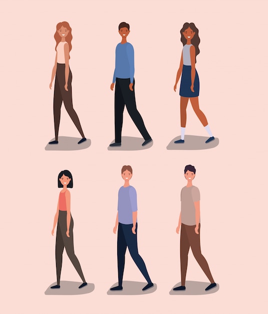 Women and men cartoons walking vector design