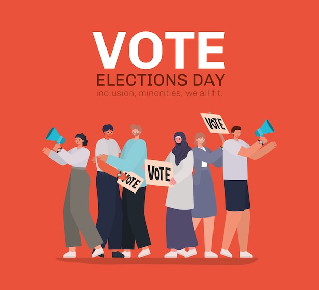 Women and men cartoons with vote placards and megaphones on red background design, Vote elections day theme.