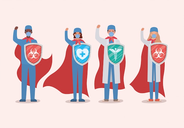 women and men doctors heroes with cape and shield against 2019 ncov virus design of Covid 19 infection disease symptoms and medical theme illustration