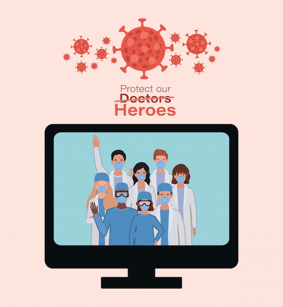 Women and men doctors heroes with uniforms and masks inside computer against 2019 ncov virus vector design