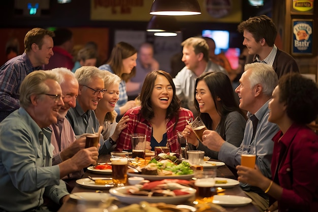 Women and men Group of young friends sitting together in bar with beer