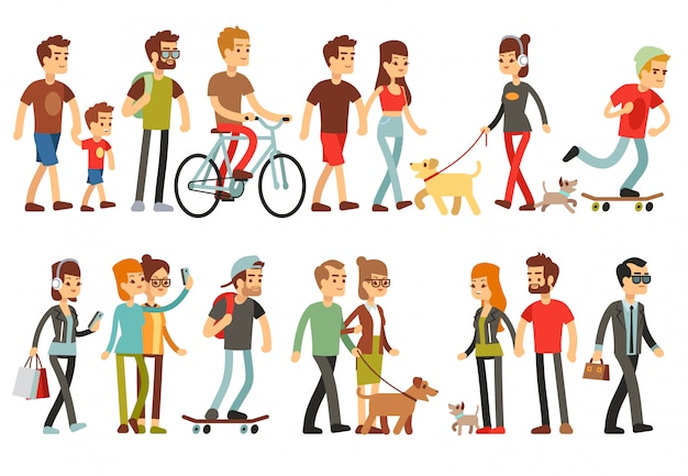 Women and men in various lifestyles. Cartoon characters set