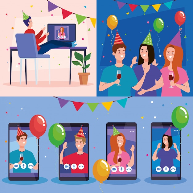 Vector women and men with party hats and balloons in video conference