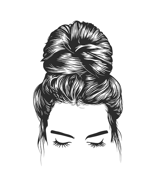 Women messy bun hairstyles vector line art illustration