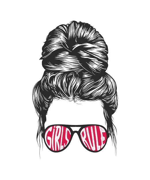 Women messy bun hairstyles wearing Girls rule typographic sunglasses vector line art illustration