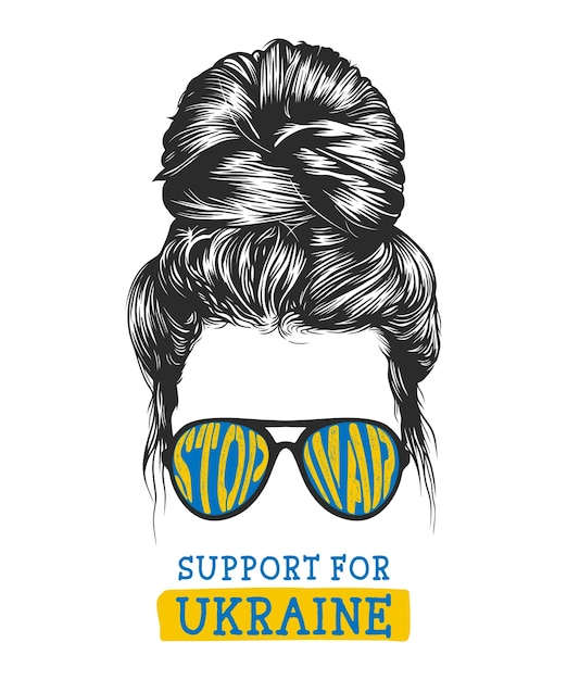 Women messy bun hairstyles wearing stop war typographic sunglasses and support for Ukraine