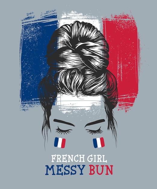 Women messy bun hairstyles with French flag background vector clip art illustration