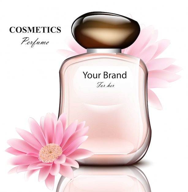 Vector women perfume bottle with delicate daisy flower fragrance. realistic product packaging designs