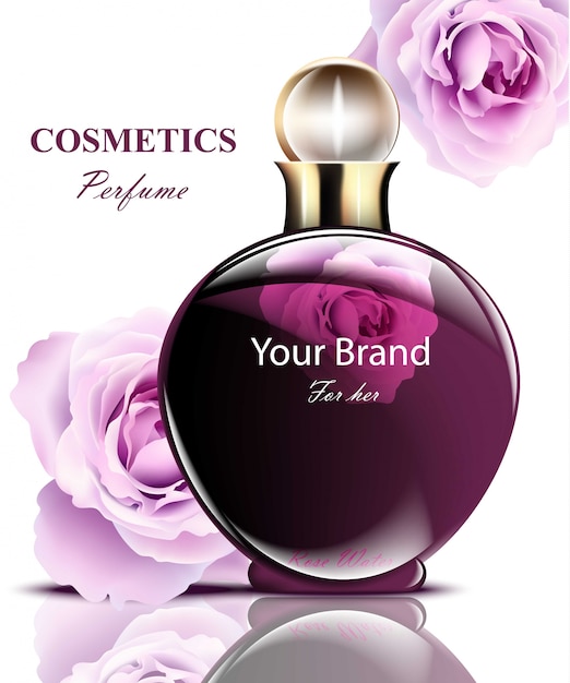 Women perfume dark bottle with delicate rose flowers fragrance.