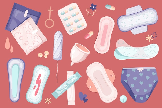 Women period set graphic elements in flat design Bundle of tampons and pads tablets menstrual cup female panty and other gynecological hygiene products Vector illustration isolated objects