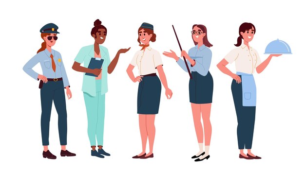 Vector women in professions set girls in uniform stewardess policewoman and doctor teacher traditional