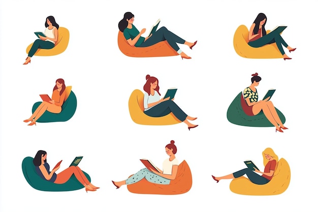 Vector women reading books lounging on beanbags