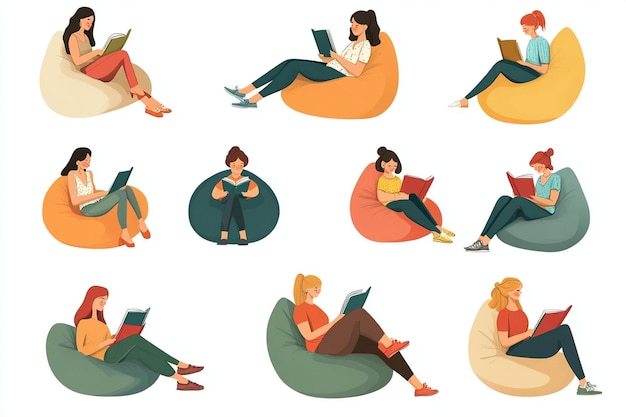 Vector women reading books lounging on beanbags