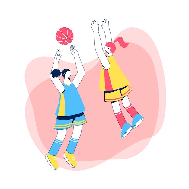 Women's basketball concept. Two teenage girls playing with ball. illustration.