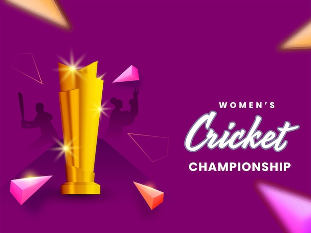 Women's Cricket Champinship Concept With Shiny Golden Winning Trophy Cup Silhouette Cricketer Players And 3D Triangle Elements On Dark Pink Background