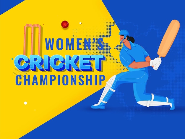 Women's Cricket Championship Poster Design With Female Batter Player In Playing Pose On Blue And Yellow Halftone Effect Background