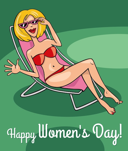 Women's Day design with cartoon woman on beach chair