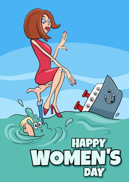 Women's Day design with cartoon woman and sinking ship