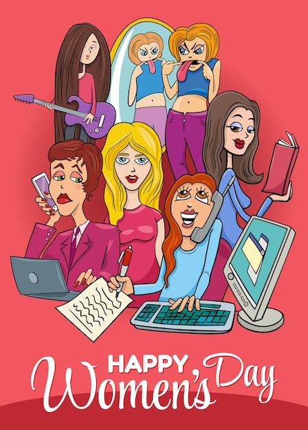 Women's Day design with cartoon women characters