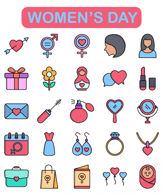 Women's day icons set in lineal style