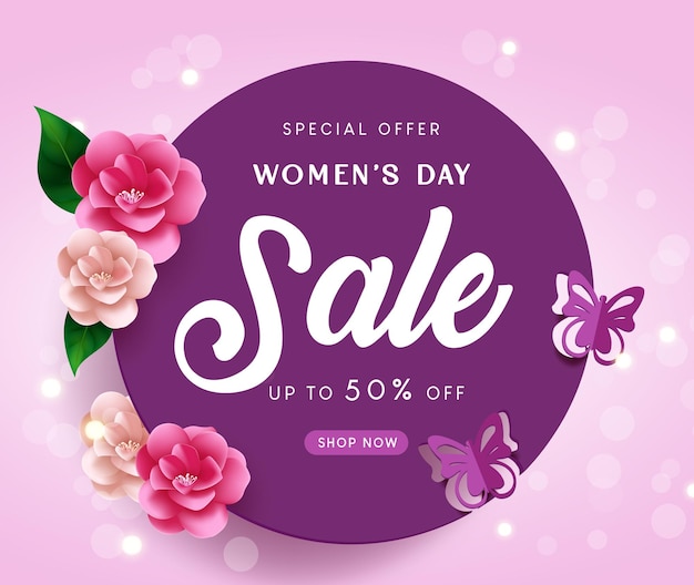 Women's day sale vector banner design. International women's day special offer text with flowers