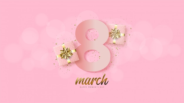 Women's day with illustration numbers 8 pink with a 3d gift box.