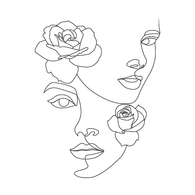 Women's eyes head with flowers linear drawing line art illustration