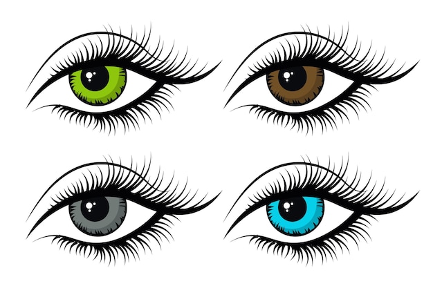 Women's eyes, icons set. The eyes are blue, green, brown and gray. Illustration, vector