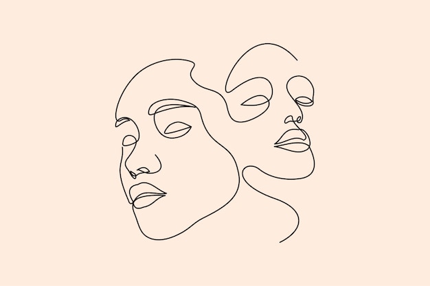 Women's faces in one line art style