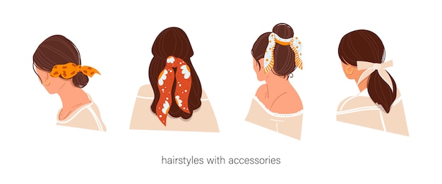 Women's hairstyle with accessories on an isolated background. Hairstyles with a scarf. Instructions for using the scarf.