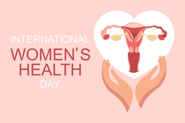 Women's Health Day Female uterus in the heart in the hands Medical poster banner vector