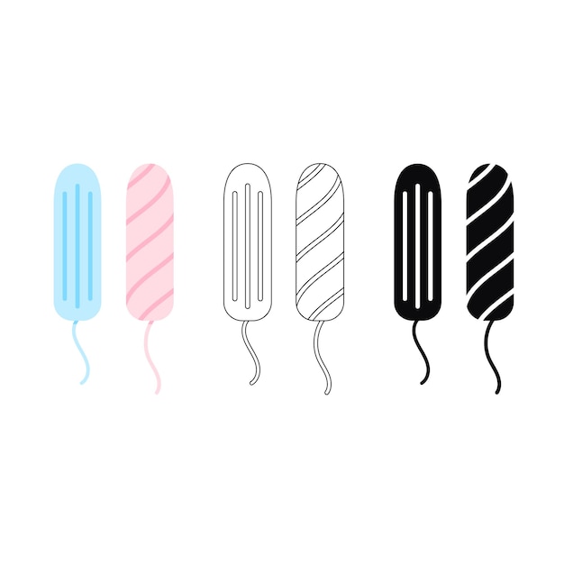 Women sanitary hygienic tampons icon set. Flat design cartoon, lineart outline and simple style vector illustration feminine menstrual hygiene products.