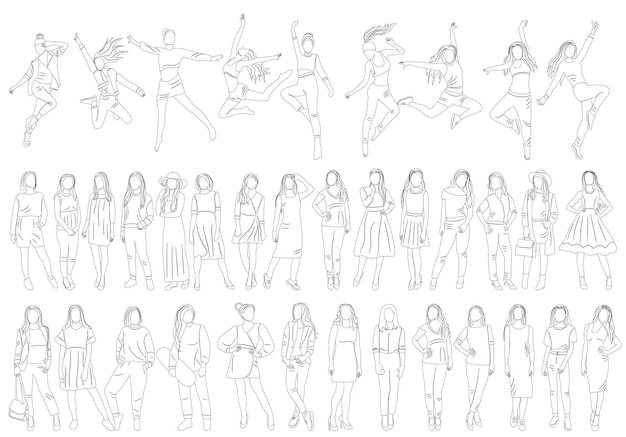 Women set outline sketch on white background isolated vector