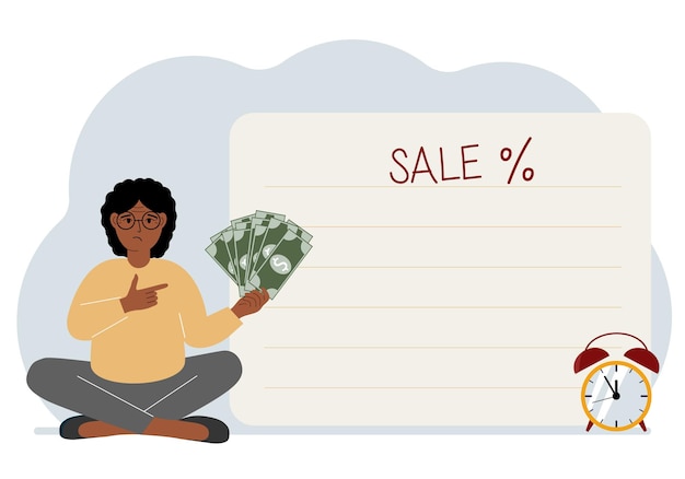 The women sits crosslegged and holds a lot of cash Nearby is a poster with the text sale and a percent sign Sale discount or black friday concept