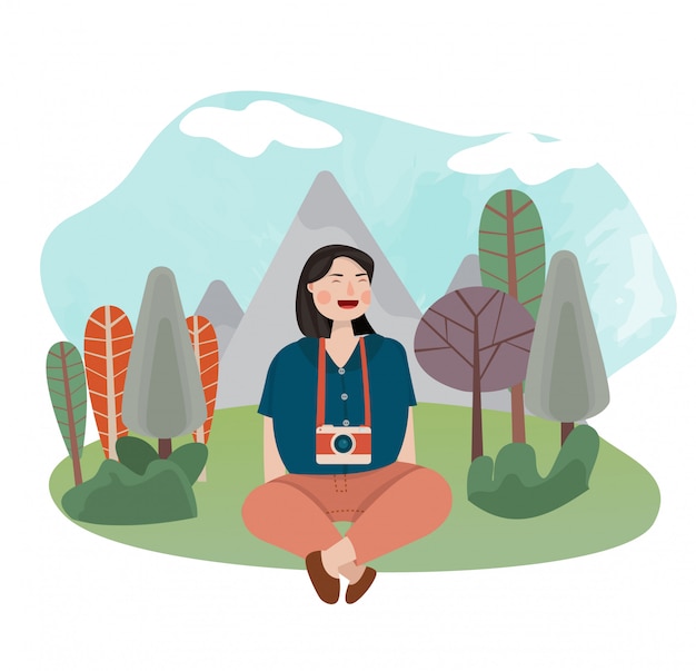 Women sitting and happy enjoying the nature with tree and mountain behind vector illustration