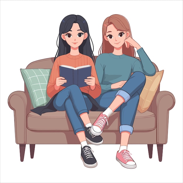 Women sitting in sofa with book avatar character clipart illustration on white background